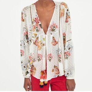 Zara, floral embroidered cardigan blouse, tassel tie, small
